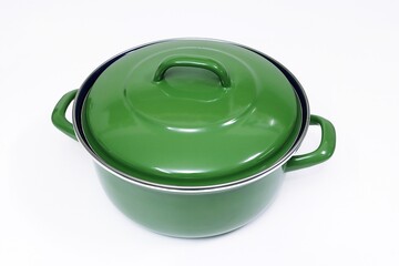 Enameled steel pot with lid white background