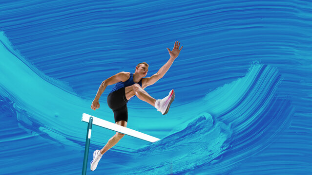 Creative artwork. Male athlete leaping over hurdle with focused expression on dynamic blue paint stroke background. Concept of motivation posters, gym campaigns, sports book covers. - Powered by Adobe