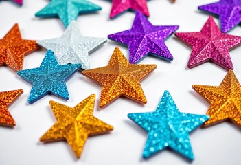Close-up of vibrant glitter star stickers on white background, showcasing sharp focus and sparkle,  star stickers,  twinkle