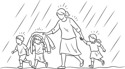 Obraz premium Mother protecting children in rain coloring page vector illustration design
