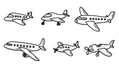 Set of airplanes. Hand drawn doodle vector. Different aircraft. Air transport. Aviation. Technologies of transportation of passengers and cargo in the sky. Illustration line art elements.