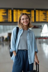 Obraz premium Young caucasian female traveler at airport terminal with luggage by flight information display