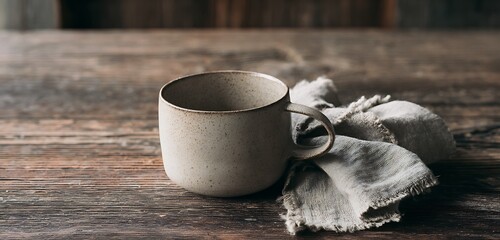 Raw-edged ceramic cup and linen napkin on aged oak table with soft grain