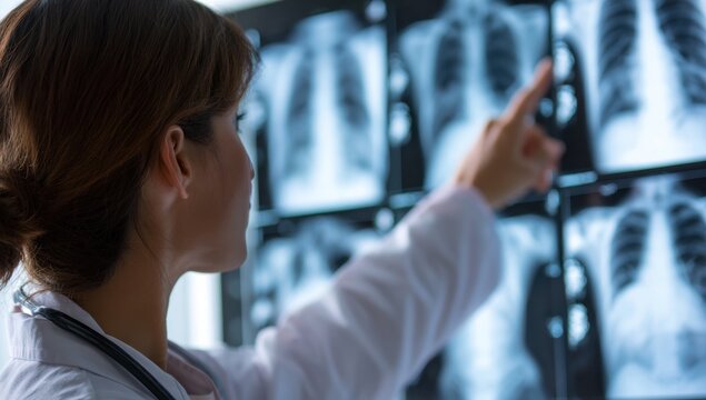 Medical professional examining radiographic images, pointing at a region of interest in the image for diagnosis.