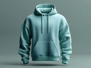 Light teal hoodie, front view,  with a drawstring hood and a kangaroo pocket.  3D render of a plain, simple hoodie