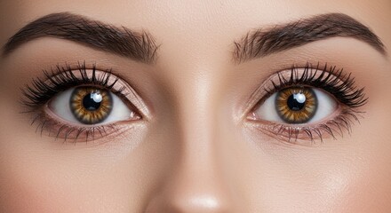 Obraz premium Close-up of two symmetrical eyes with intricate detail. Deep-set, golden-brown irises are framed by thick, dark lashes and perfectly arched brows