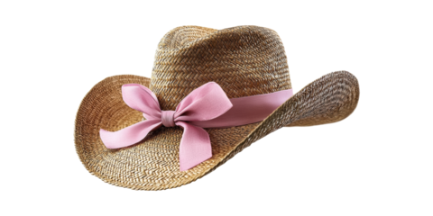 Straw Cowboy Hat With Pink Ribbon Bow. Fashionable Western Style Accessory Isolated On Transparent Background