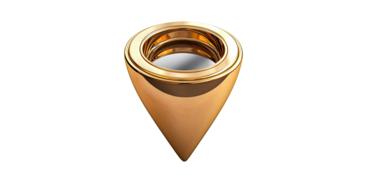 Golden Cone-Shaped Object With Reflective Surface. Abstract Design And Modern Art Concept Isolated On Transparent Background