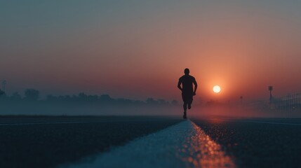 Fototapeta premium A Person Running During Sunrise On A Foggy Road
