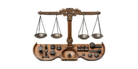 Antique Balance Scale With Weights. Symbol Of Justice And Measurement Isolated On Transparent Background