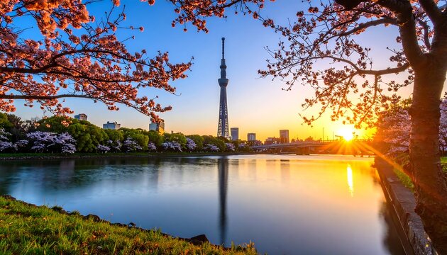 Panoramic view of Tokyo Skytree, blossoms and sunrise reflecting on Sumida river