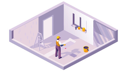 Isometric view of a painter preparing to paint a room with a ladder and painting supplies present