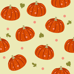 Beautiful fall floral pumpkins, leaves seamless pattern. Autumn vector colorful flat design.Cute October harvest textile.Halloween holiday illustration.Organic vegetable garden food background decor.