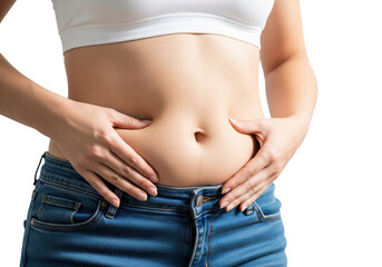 Naklejka premium Woman Pinching Her Belly Fat, isolated on a transparent background