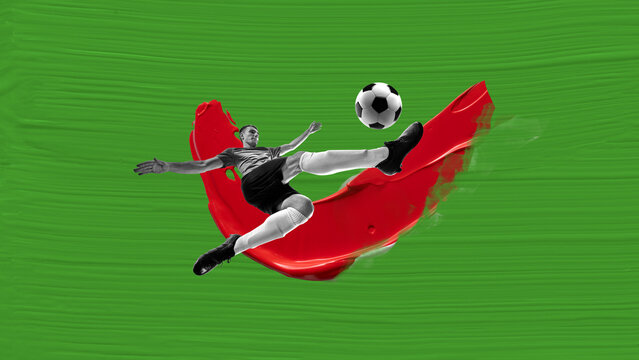Bold poster. Dynamic soccer player in mid-air bicycle kick with red paint splash on green background. Concept of gym advertising, sports book covers, motivation posters, and T-shirt designs.
