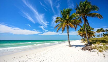 Picturesque tropical beach scene with white sand, palm trees, and turquoise water
