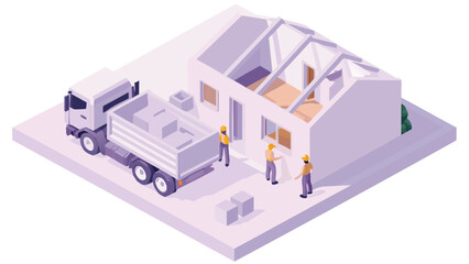 Isometric view of construction site with house under construction and delivery truck with workers present