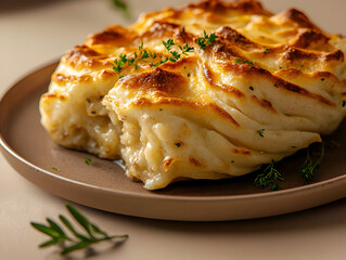 Golden-brown, cheesy, baked dish with herbs.  A  savory, rich, and flaky creation,  with melted cheese and a tender interior.  Fresh herbs garnish the top