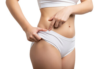 Woman Pointing to Her Hip, isolated on a transparent background

