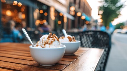 Two bowls of ice cream with nuts sit on a wooden table outside a bustling café in the evening