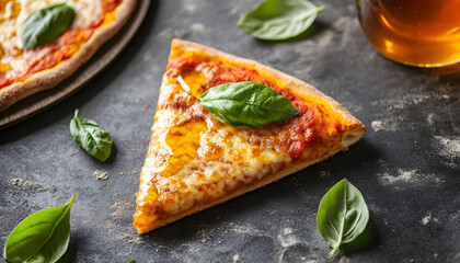 Overhead view of a tempting slice of pizza topped with honey and fresh basil leaves, showcasing culinary artistry