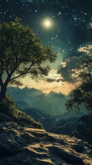 Mountain Landscape at Dusk with Starry Sky and Clouds