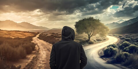 Person at forked road choosing between two paths-Hooded figure stands at a dramatic fork in the road, symbolizing a life decision between two contrasting landscapes and futures.
