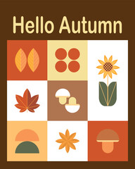 Autumn simple posters. Geometric abstract autumn flyer template with scandinavian mosaic. Banners with autumn elements. Autumn poster design.