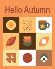 Autumn simple posters. Geometric abstract autumn flyer template with scandinavian mosaic. Banners with autumn elements. Autumn poster design.