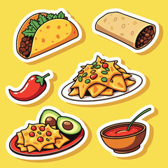 Vector Stickers of Taco, Burrito, Nachos, Chili Pepper and Salsa ? Mexican Food Icons (2).eps