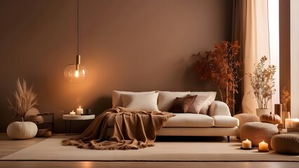 Cozy Living Room Interior Design with Neutral Tones and Autumnal Decor