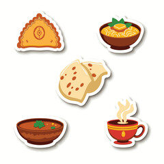Vector Stickers of Samosa, Biryani, Naan, Curry and Masala Chai ? Indian Food Icons (2).eps