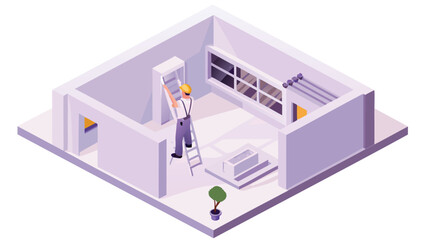 Fototapeta premium Isometric view of a worker on a ladder installing a cabinet in an empty room with windows and a plant