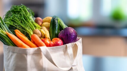 Fresh vegetables and fruits in a reusable bag, showcasing healthy living in a bright kitchen setting
