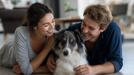 Joyful Couple Playing with Dog in Soft Sunlight
