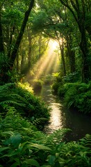 Fototapeta premium Jungle river with tropical plants, vivid greens, sunlight beams