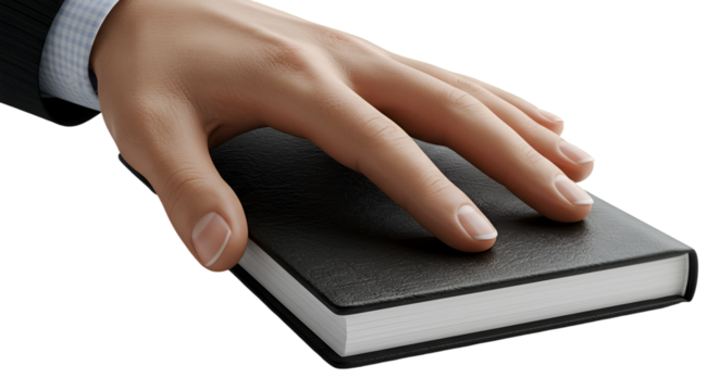 A close-up view of a hand resting on a closed, black book.