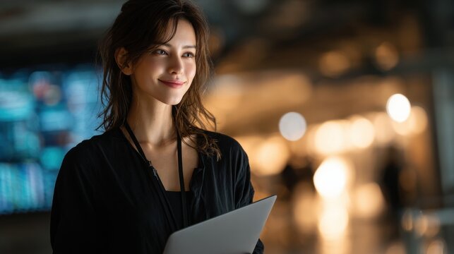Confident Asian Female Coder with Laptop in Modern Workspace Setting