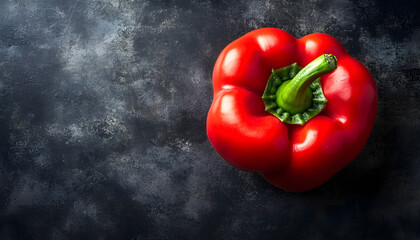 Red bell pepper with a green stem on a dark textured background.