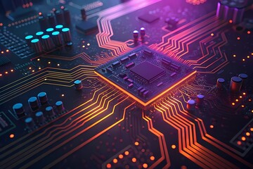 Futuristic Circuit Board with Glowing Microprocessor-Close-up of a high-tech circuit board featuring a central microprocessor with glowing orange and pink data pathways in a digital environment.