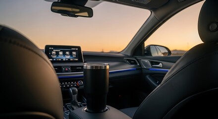 Stylish car interior with a black tumbler at sunset offering a serene driving experience