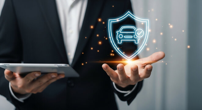 car insurance protection, businessman using digital tablet to display holographic shield icon with vehicle security checkmark symbol for automotive safety and risk coverage

 - Powered by Adobe