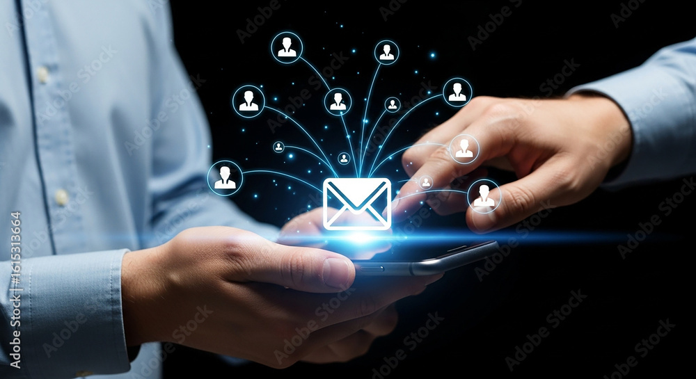 Poster email marketing campaign, two people using smartphone with glowing digital envelope icon and network