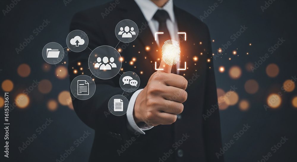 Aufkleber biometric access approval, businessman scanning glowing thumb surrounded by digital icons for cloud 