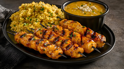 Grilled chicken skewers served with a side of rice pilaf and a creamy curry dipping sauce