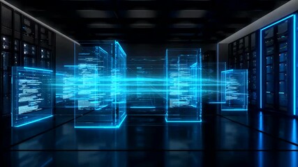 Futuristic data center visualization with neon blue connections and server racks - Powered by Adobe