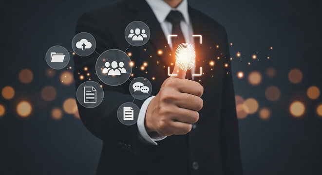 biometric access approval, businessman scanning glowing thumb surrounded by digital icons for cloud data communication users and security showing system authentication technology