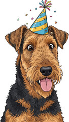 Airedale Terrier Dog Wearing Party Hat - Birthday Celebration Vector

