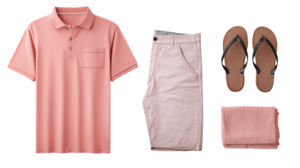 Men's casual summer clothing set with polo shirt and shorts on transparent background