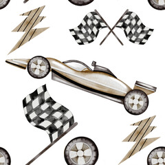 Race cars watercolor seamless pattern. Race car in pastel colors on a white background. Ideal for children's textiles, wallpapers and baby shower design for boys